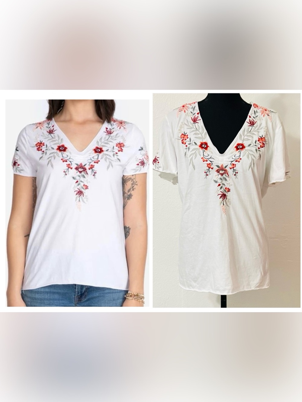 Johnny Was White V-Neck Tee Red Floral Embroidery Bohemian Romantic Festival